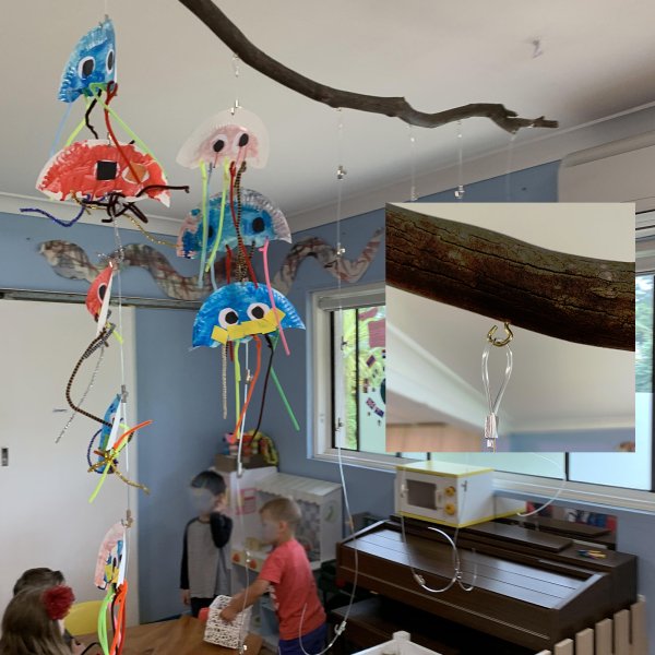 Kindergarten Art Display with Loop Head Perlon Hanging Wires | Hang Logic