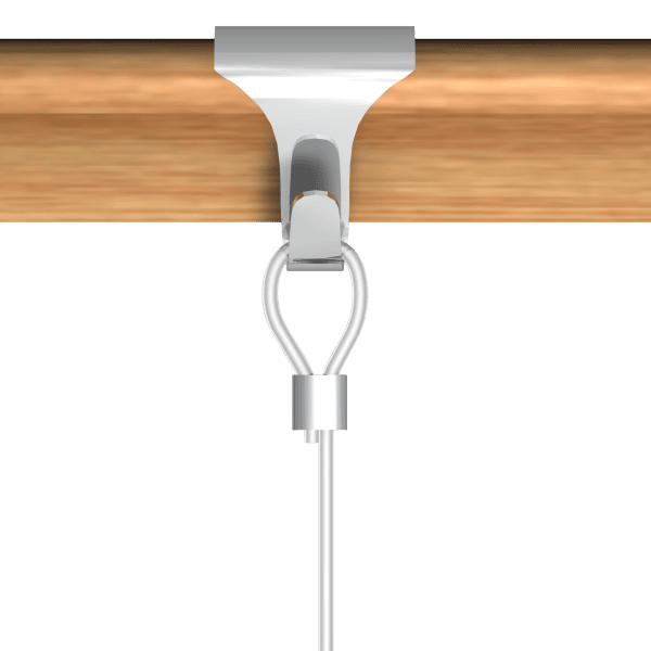 Close‑up of a loop head perlon hanging wire hooked under a wooden picture rail, ready to hang artwork, supplied by Hang Logic.