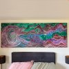 Long abstract canvas above bed hung from hidden ArtiTeq Shadowline Drywall picture rail with slim ceiling reveal