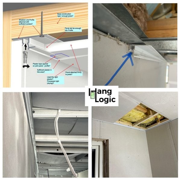 ArtiTeq Shadowline Drywall picture rail install showing screw fix to joists, sheet capture, 10 or 13 mm reveal, Hang Logic