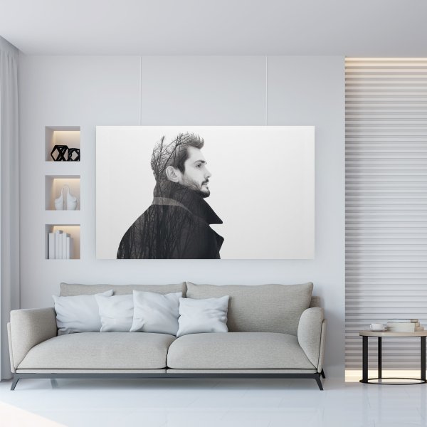 ArtiTeq Shadowline Masonry - Hang Logic Large black and white portrait canvas above sofa hung on clear wires from hidden ArtiTeq Shadowline Masonry picture rail