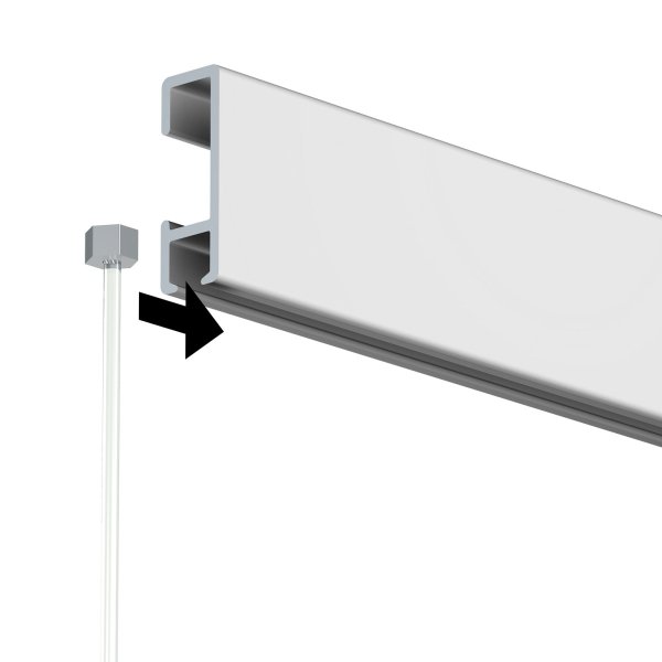 Close‑up of a Slider Economy 2 mm perlon hanging wire being inserted from the side into a white picture rail, supplied by Hang Logic.