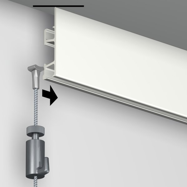 Steel Solid Slider 2 mm hanging wire being inserted from the side end of a white ArtiTeq Click Rail Pro picture rail, supplied by Hang Logic.