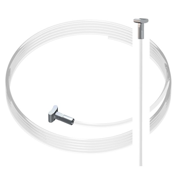 Coiled clear perlon Solid Slider hanging wire with steel T‑head for end‑insertion into a picture rail, supplied by Hang Logic.