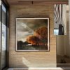 Large framed landscape hung on clear wires from ArtiTeq Top Rail concealed between timber ceiling slats above brick feature wall