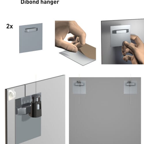 How to Install Dibond Hangers | Artiteq | Hang Logic Step-by-step illustration showing how to apply Artiteq Dibond Hangers to a panel using adhesive backing, available from Hang Logic