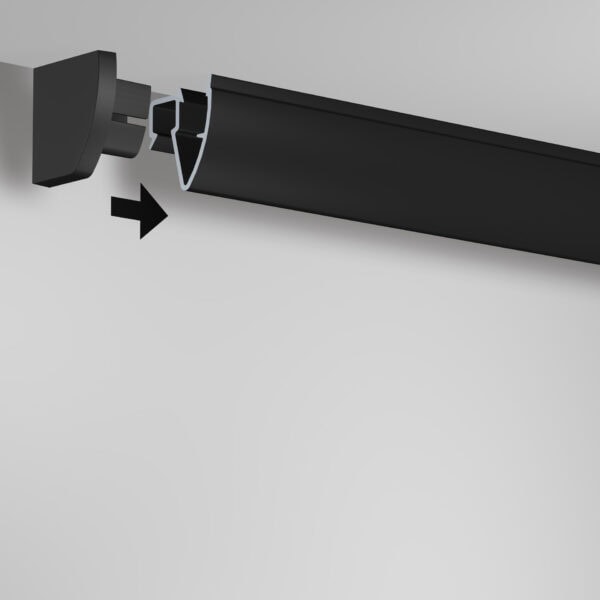 Up Rail rounded profile with end cap, showing the neat finish at the wall-ceiling junction for a discreet picture rail.